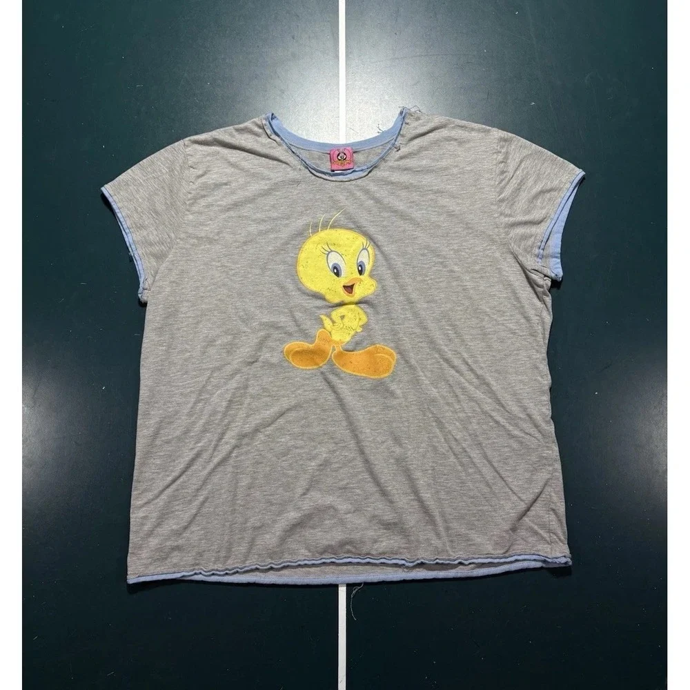 Vintage Looney Tunes Tweety Bird Ringer Tee Women's XL Gray T Shirt Y2K 2000s
